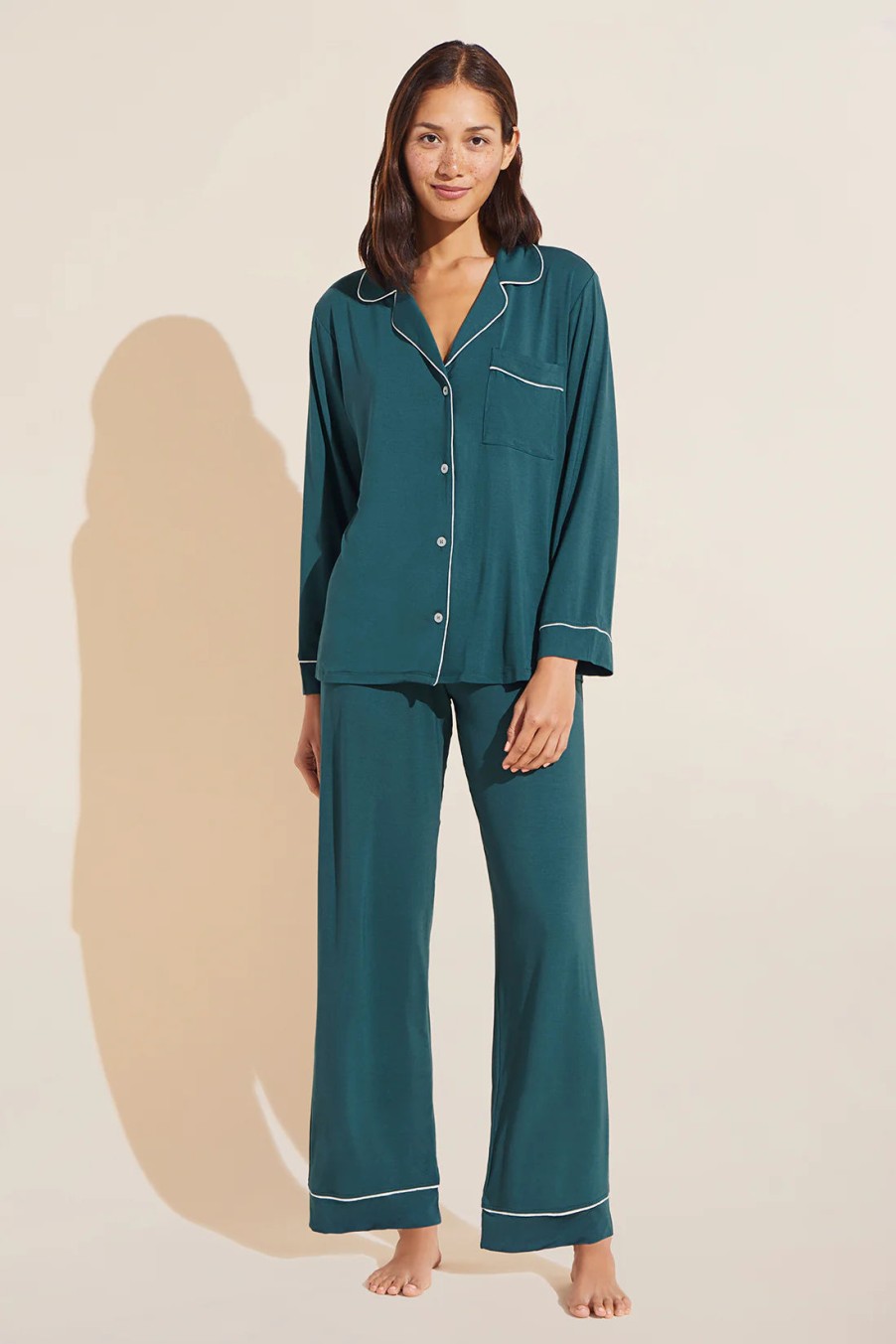 EBERJEY Gisele Long Pj Set In Evergreen/Ivory Loungewear