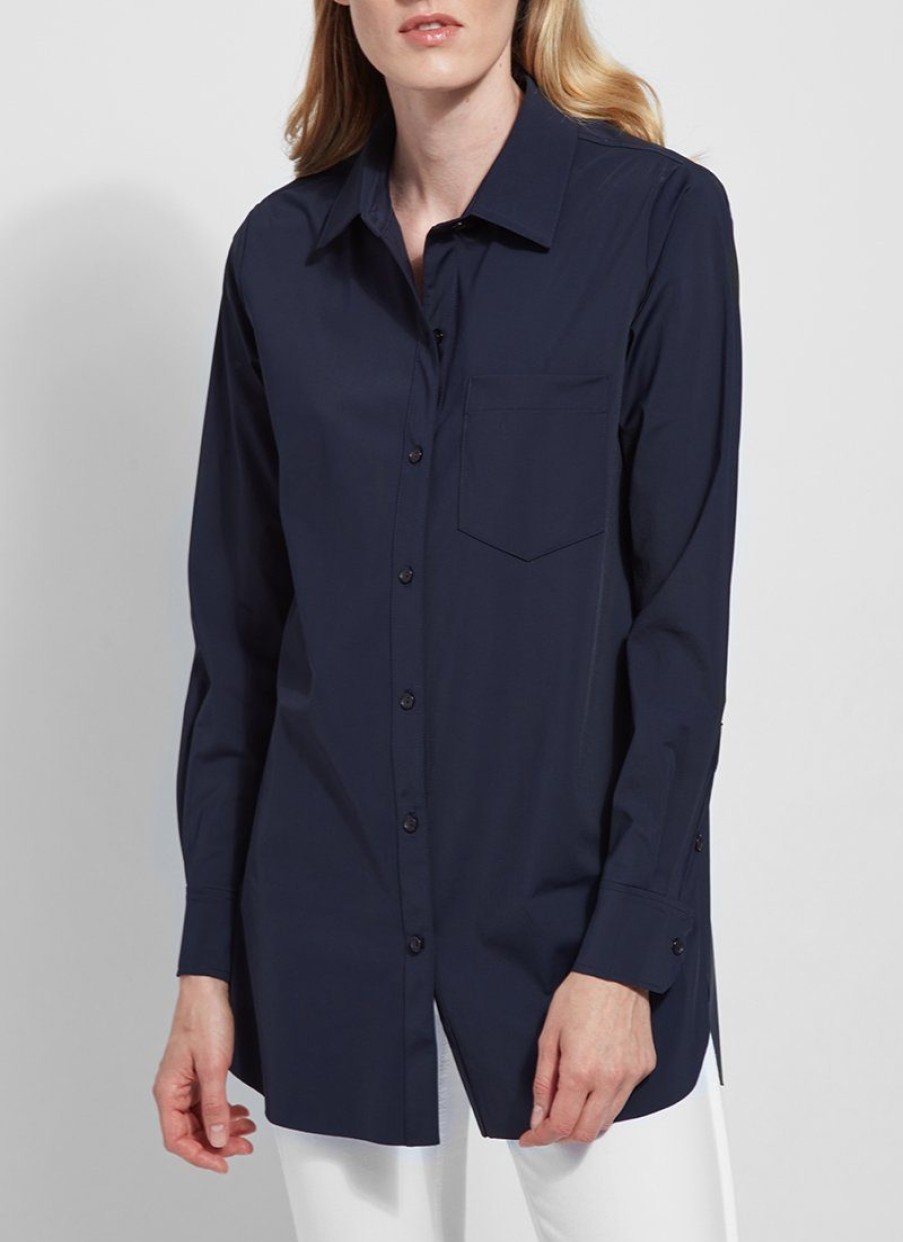 LYSSE Schiffer Button Down Top In Navy Athelisure