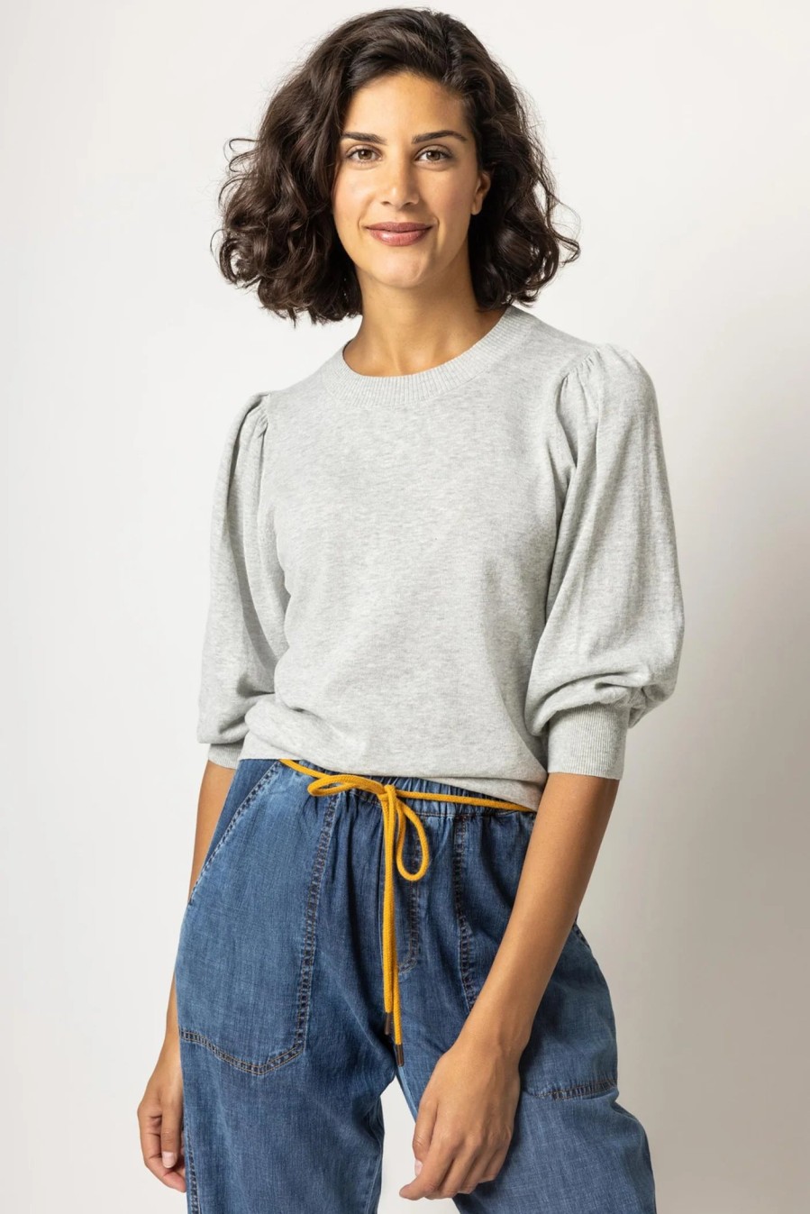 LILLA P Puff Sleeve Crew Neck Sweater In Grey Tops