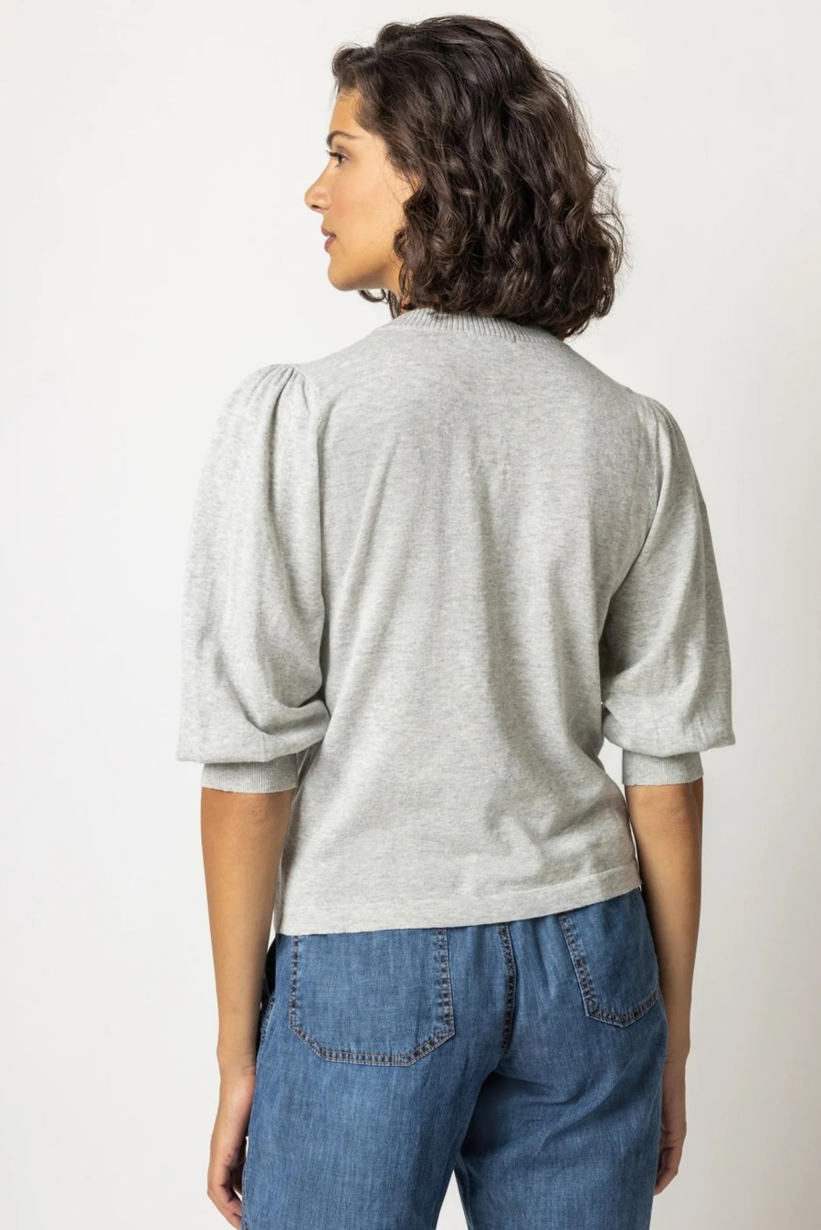 LILLA P Puff Sleeve Crew Neck Sweater In Grey Tops