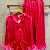 Plume Feather Satin Pajamas In Hot Pink Loungewear