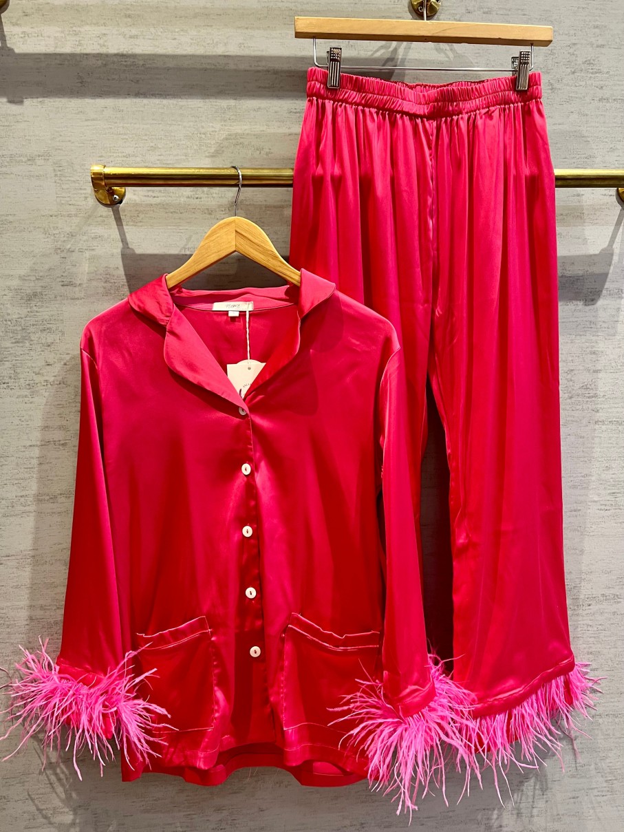 Plume Feather Satin Pajamas In Hot Pink Loungewear