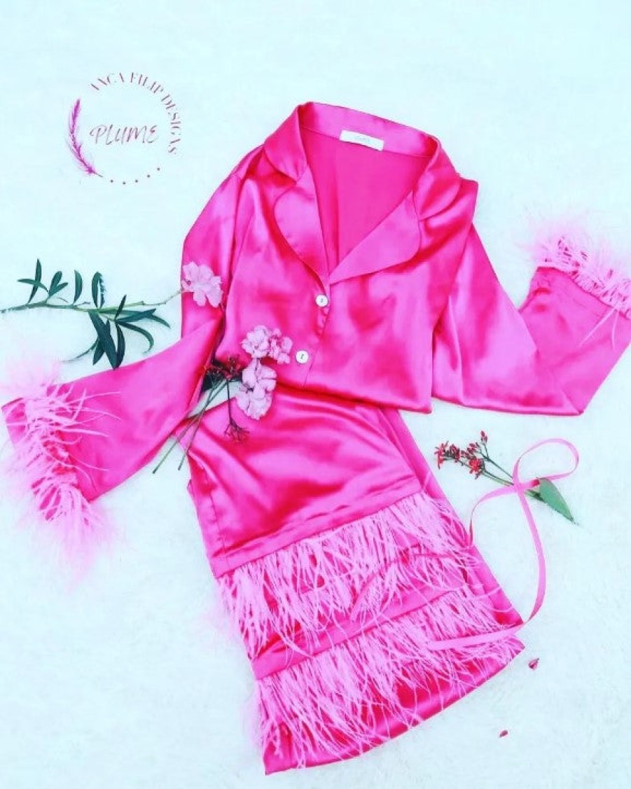 Plume Feather Satin Pajamas In Hot Pink Loungewear