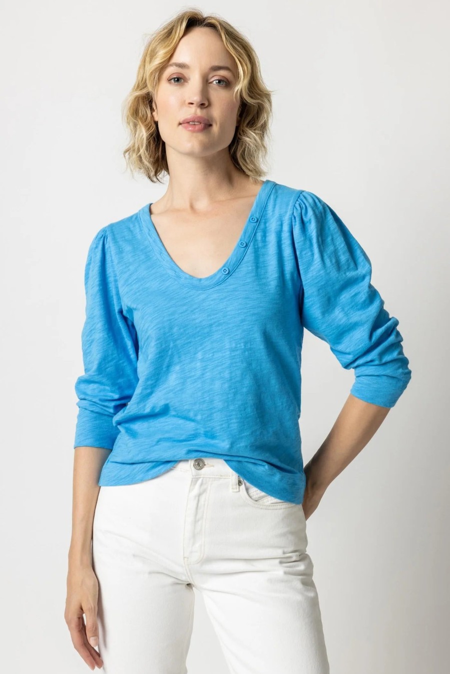 LILLA P 3/4 Sleeve Button U-Neck Tee In Dutch *Final Sale* Tops