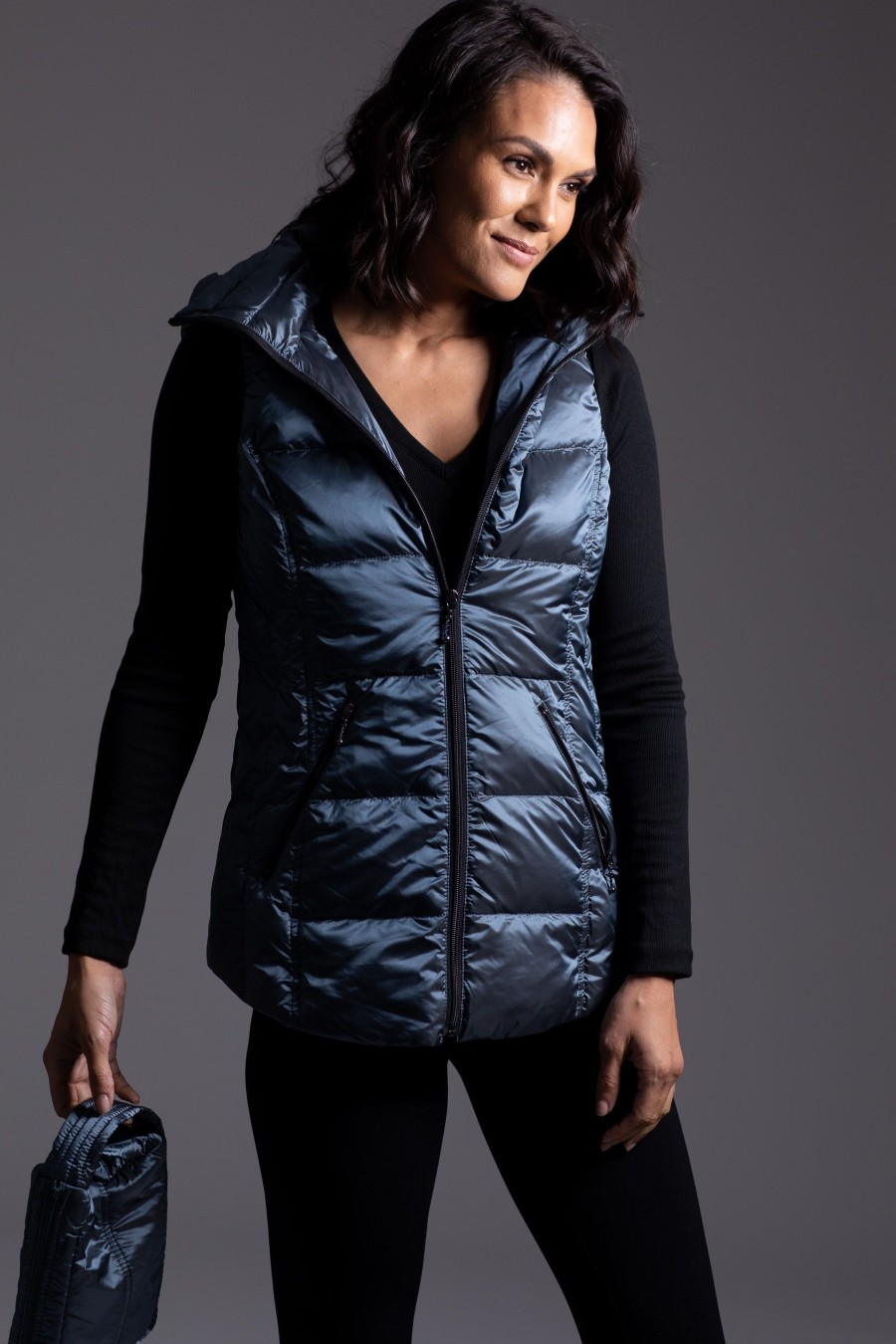 ANORAK Short Metallic Hooded Down Vest In China Blue Athelisure