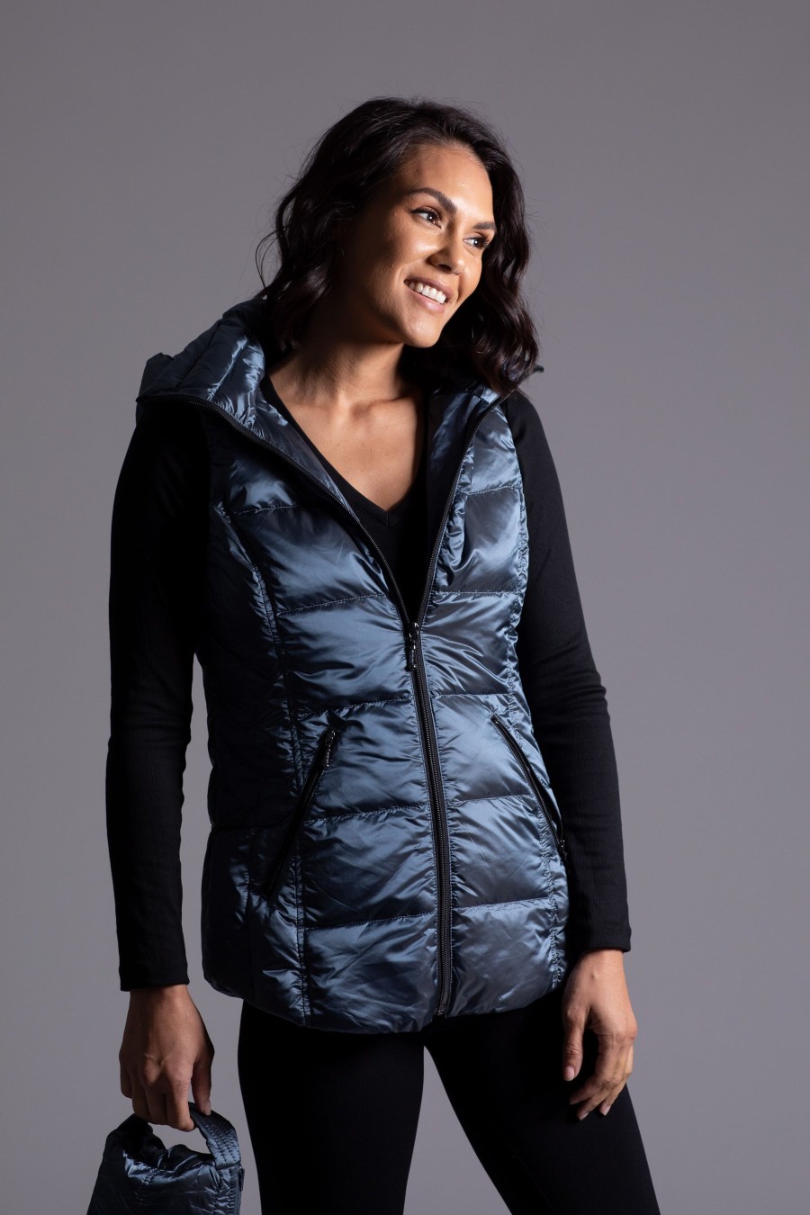 ANORAK Short Metallic Hooded Down Vest In China Blue Athelisure