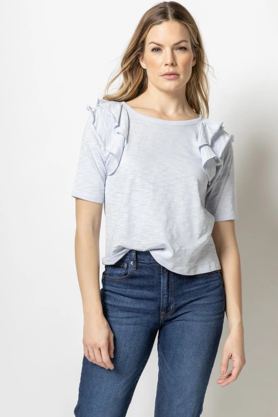 LILLA P Ruffle Shoulder Crew Neck Tee In Light Blue *Final Sale* Tops