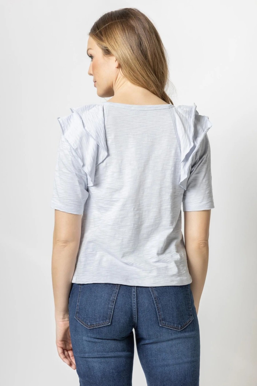 LILLA P Ruffle Shoulder Crew Neck Tee In Light Blue *Final Sale* Tops