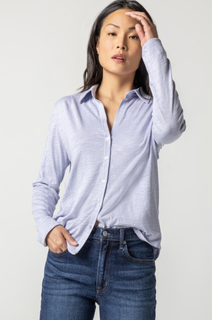 LILLA P Long Sleeve Button Down Tee In Glacier Tops