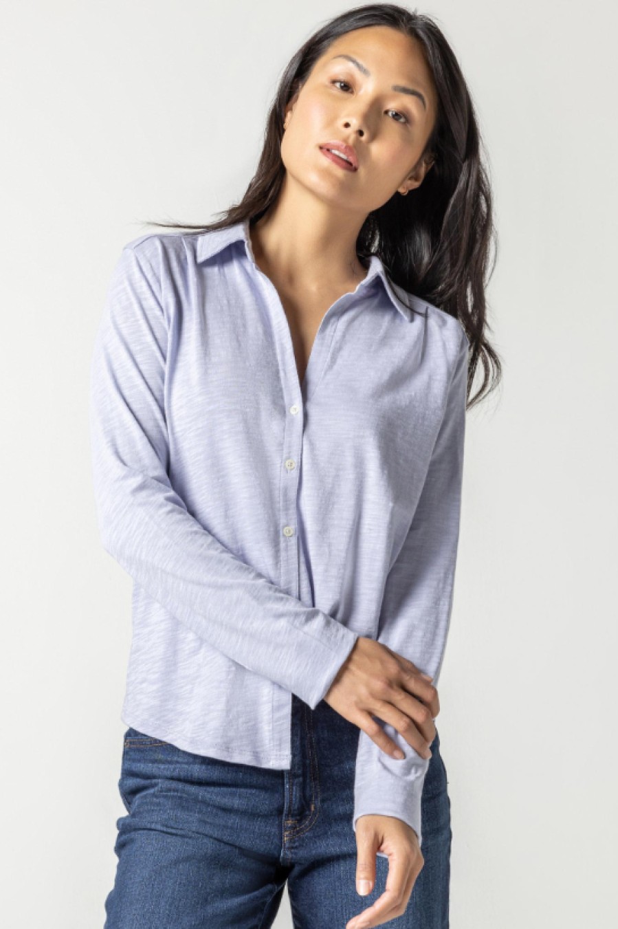 LILLA P Long Sleeve Button Down Tee In Glacier Tops